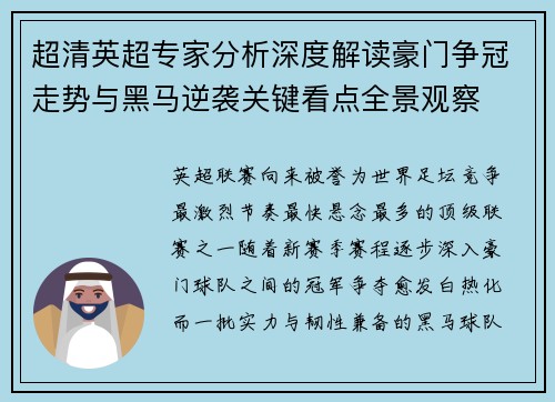 超清英超专家分析深度解读豪门争冠走势与黑马逆袭关键看点全景观察 超清英超专家分析深度解读豪门争冠走势与黑马逆袭关键看点全景观察